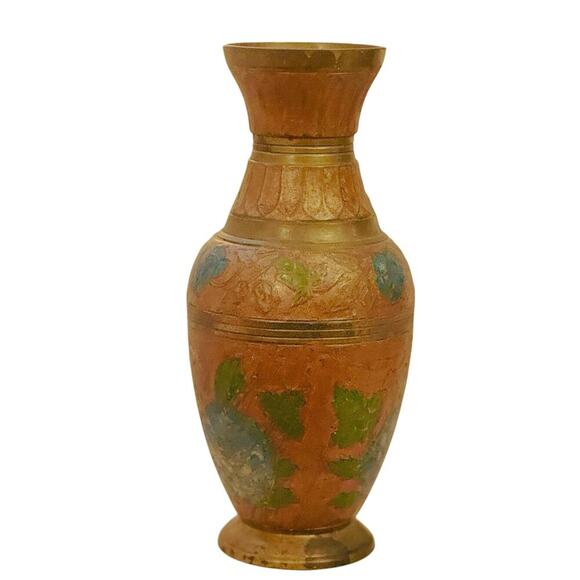 Vintage Hand-Etched Brass Vase | Enamel Floral Design | Made in India - Picture 2 of 3